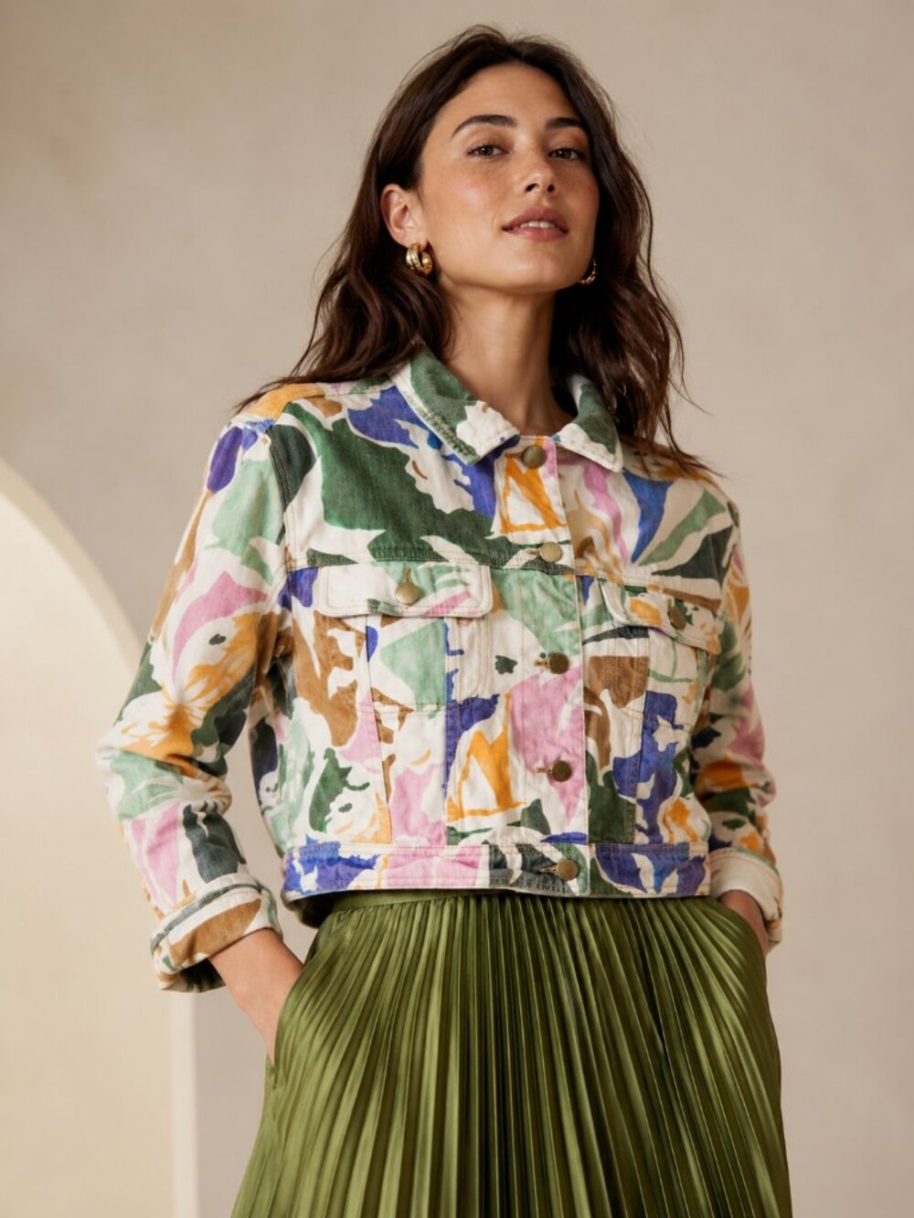 GORMAN Tropical Colorful Printed Cropped Denim Jacket Resortwear